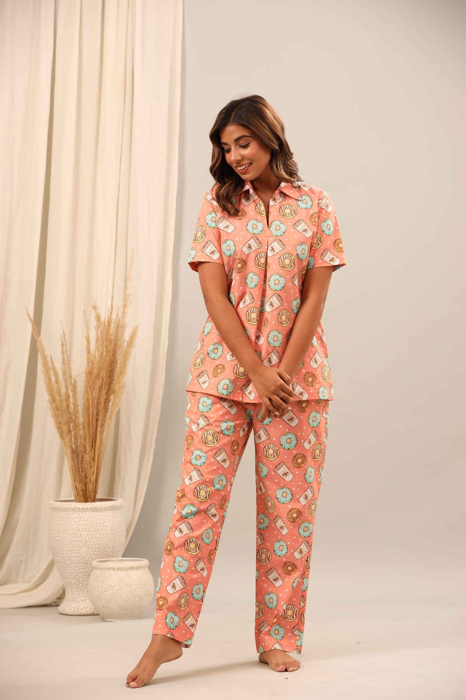 Donut Coffee Johnny Collar Pajama Set for Women Pajama Tribe