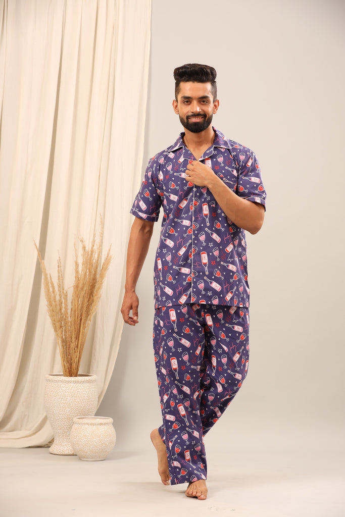 Pure Cotton printed Classic Collar Nightsuit - Private Lives